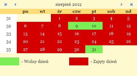 Kalendarz dostępności noclegów
