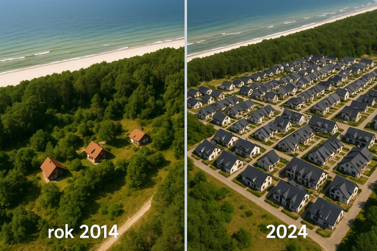 Porównanie rozwoju zabudowy nad polskim morzem – 2014 vs 2024.