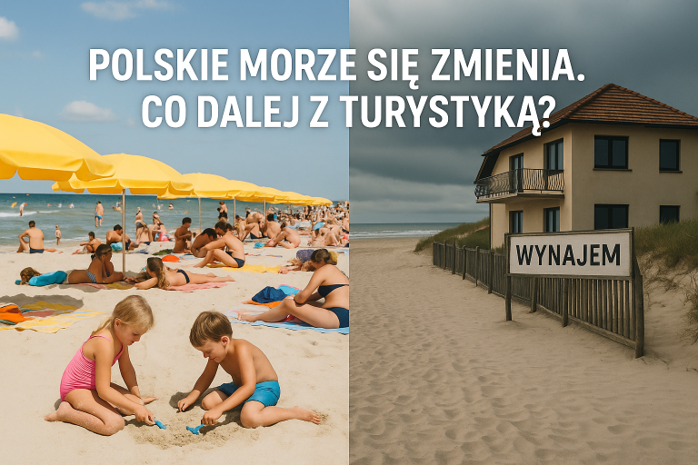 Kontrast dwóch scen znad polskiego morza – tłoczna plaża latem i pusta poza sezonem.